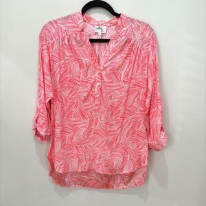 VTG Milly of New York Pink Floral Silk Blouse sz 2 Rolled Tab Sleeves Oversized